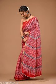 Premium quality soft zari cotton mulmul vanaspati Ajrakh printed saree 6.5 mtrs with zari cotton blouse piece
