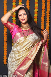 Cream-pink Kanjivaram Soft Lichi Silk Saree With Blouse Piece For Women's
