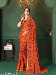 Daily Wear Orange  Georgette Lace Border Saree With Unstitched Blouse Piece