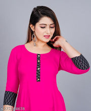Unique Stylist Women's Solid Printed Round Pleated Flared Kurti (Pink)