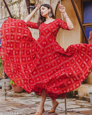 Rayon Printed Red Bandhej Kurti For Women/Girls
