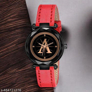Talgo Analog Round Black Dial ALPHABET A Design Stylish Red Leather Strap Classic Design Fancy Wrist Watch for Women and Girls, Pack of 1 - ALP-A-GEN-BK-RED-L