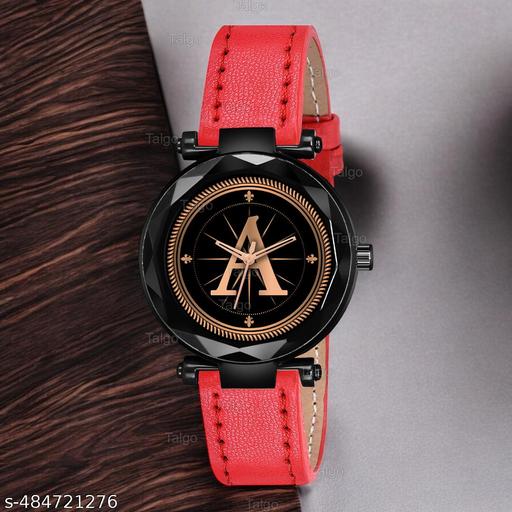 Talgo Analog Round Black Dial ALPHABET A Design Stylish Red Leather Strap Classic Design Fancy Wrist Watch for Women and Girls, Pack of 1 - ALP-A-GEN-BK-RED-L