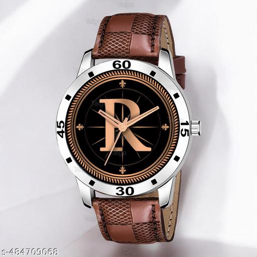 Talgo Analog Round Black Dial ALPHABET R Design Stylish Brown Leather Strap Classic Design Fancy Wrist Watch for Men and Boys, Pack of 1 - ALP-R-AVO-SIL-BRW-CHL