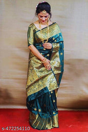 Women’s Soft Banarasi Silk Saree New Collection Sarees With Blouse Piece Peacock Blue