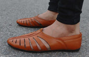 Tan Men's Laser Cut Fally Ethnic Criss Cross Slip On Juttis and Mojaris for Wedding|Party|Occasions|Fashion|Stylish|Outdoor|Indoor|Lightweight|Shoes with Anti Skid Sole