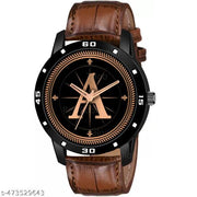 Prathshya Analog Round Black Dial ALPHABET A Design Stylish Brown Leather Strap Classic Design Fancy Wrist Watch for Men and Boys, Pack of 1 - ALPHA-A-AVO-BLK-DBRW-CRL