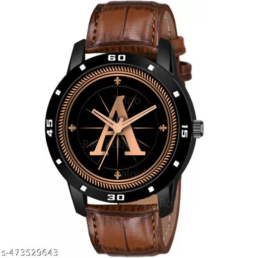 Prathshya Analog Round Black Dial ALPHABET A Design Stylish Brown Leather Strap Classic Design Fancy Wrist Watch for Men and Boys, Pack of 1 - ALPHA-A-AVO-BLK-DBRW-CRL