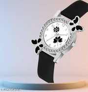 Diamond-Studded Flower Design Dial Analog Watch with Black PU Strap for Girls & Women (Pack of 1)