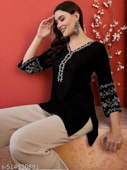 Latest Short Kurti for Women | Black Embroidered  Rayon V-Neck Kurti for Ladies