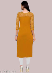 Casual American Crepe And Net Round-Neck 3/4 Length Sleeve Yellow Kurti (45"Inches)