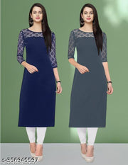 Polyster/Crepe fabric-Pack of 1 Casual And Round-Neck 3/4 Length Sleeves Navy Blue & Grey Kurti (42"Inches)