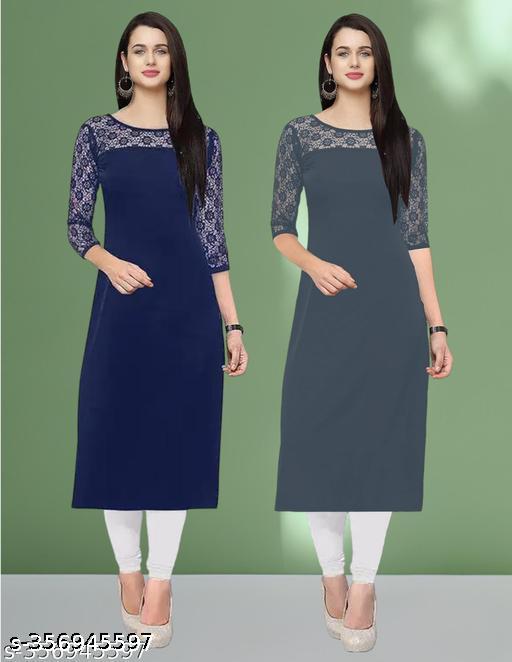 Polyster/Crepe fabric-Pack of 1 Casual And Round-Neck 3/4 Length Sleeves Navy Blue & Grey Kurti (42"Inches)
