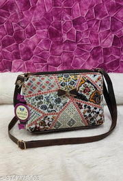 Attractive women White PU sling bags/Small Sling bags/Cotton Fabric sling bags for women/Full handwork bag/party wear and wedding bag for women