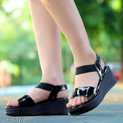 Falistozz Glossy Black Wedge Heel Sandals for Women and girls
