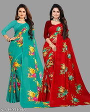 Combo Floral Sarees, Set of 2, Georgette Printed Sarees With Blouse Piece