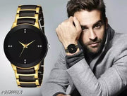 Intensify Branded  Quartz Movement Round Diamond Studded Dial Metal Chain Strap Black-Gold Color Wrist Watch for Men.