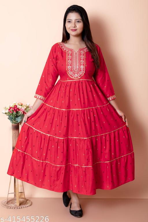 Elegant Rayon Printed EmbroideryWomen's Kurta - Perfect Blend of Style and Comfort(Red)