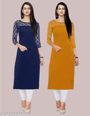 Pack of 1 Casual American Crepe And Net Round-Neck 3/4 Length Sleeves Navy Blue & Yellow Kurti (42"Inches)
