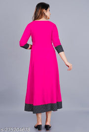 Unique Stylist Women's Solid Printed Round Pleated Flared Kurti (Pink)