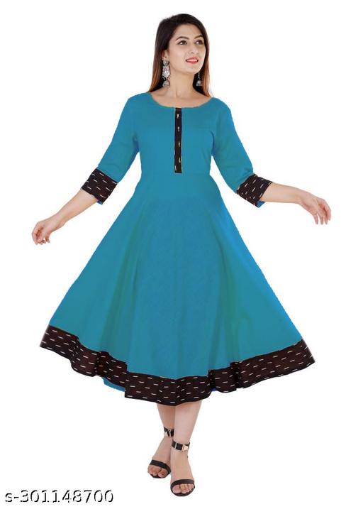 HF HOLYDAY FASHION Cotton Plain and Solid Printed Black Border Anarkali Style Kurti Kurta For Women Latest Design Ladies Dresses Top Round Neck Flared Stylish Party Wear Readymade Frock Fancy Girls Dress 3/4 Sleeve Knee Length Casual Kurtis