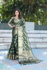 Organza Saree in Bottle Green with Zari Border