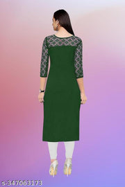 Casual American Crepe And Net Round-Neck 3/4 Length Sleeves Dark Green Kurti (45"Inches)