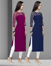 Pack of 1 Casual American Crepe And Net Round-Neck 3/4 Length Sleeves Wine & Navy Blue Kurti (42"Inches)