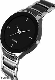 Intensify Branded Quartz Movement Round Diamond Studded Dial Metal Chain Strap Black-Silver Color Wrist Watch for Men.
