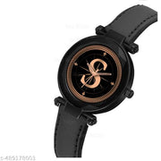 Krolexe Analog Round Black Dial ALPHABET S Design Stylish Black Leather Strap Classic Design Fancy Wrist Watch for Women and Girls, Pack of 1 - ALP-S-GEN-BK-BLK-L