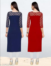 Pack of 1 Casual American Crepe And Net Round-Neck 3/4 Length Sleeves Navy Blue & Red Kurti (42"Inches)