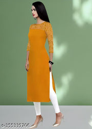 Casual American Crepe And Net Round-Neck 3/4 Length Sleeves Yellow Kurti (42"Inches)
