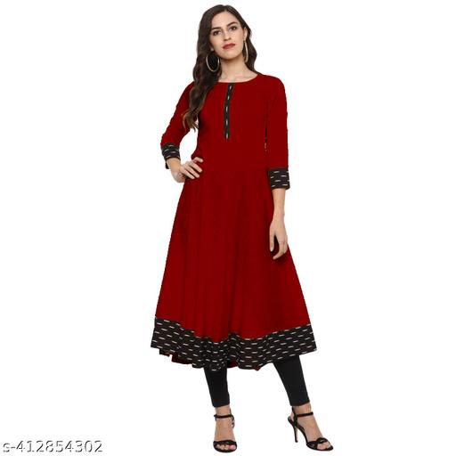 Yova Style Plain Umbrella Frock Design Anarkali Latest Fashion Cotton Kurti Dress For Women Ladies Skirt Top With Black Batik Printed Lace Border Regular Daily Wear Simple Use Branded Kurta