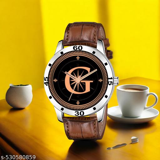 Femeo  Watches 9108 Analog Round Black Dial G Design Stylish Brown Leather Strap Classic Design Fancy Wrist Watch for Men and Boys, Pack of 1 - A07ZALPHA-G-AVO-SIL-DBRW-CRL
