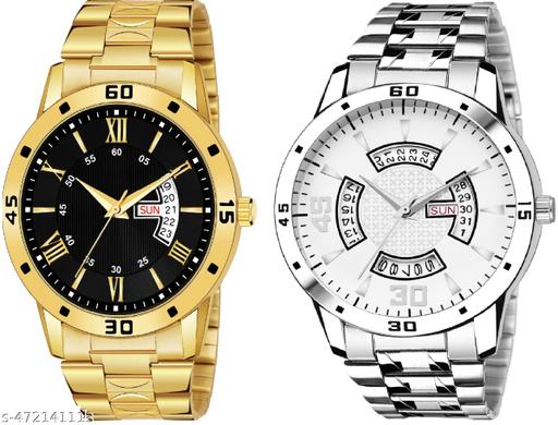 Day n Date Men Stylish Analog Latest Watches Combo - Set of 2 - GOLD-24-AND-SLV-22