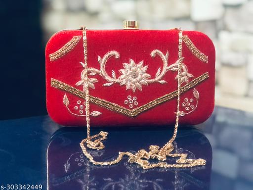 Women Stylish & Trendy Red Velvet Embroidery Clutch