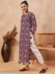Navy Blue Ethnic Motifs Printed Pure Cotton Straight Kurta