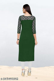 Casual American Crepe And Net Round-Neck 3/4 Length Sleeves Dark Green Kurti (45"Inches)