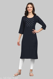 Womens Viscose Rayon Mirror Work Potli Design Straight Casual Kurti