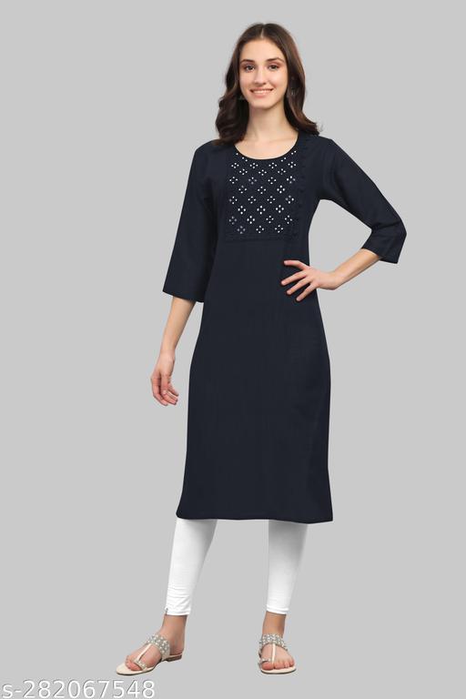 Womens Viscose Rayon Mirror Work Potli Design Straight Casual Kurti