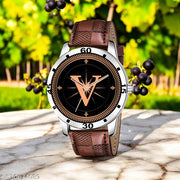 Femeo   Analog 9293  Watches Round Black Dial V Design Stylish Brown Leather Strap Classic Design Fancy Wrist Watch for Men and Boys, Pack of 1 - A07ZALPHA-V-AVO-SIL-BRW-CHL