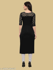 Casual American Crepe And Net Round-Neck 3/4 Length Sleeve Black Kurti (45"Inches)