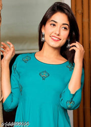 Women's Rayon Hand block Printed Long Flair Green Anarkali Kurti