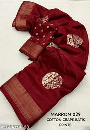 New Launch Batik Polka Printed Soft Handloom Cotton Crepe Silk Saree With Woven Zari Pattu Border