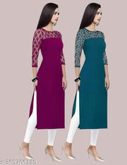 Pack of 1 Casual American Crepe And Net Round-Neck 3/4 Length Sleeves Wine & Rama Kurti (42"Inches)