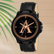 Welix Analog Round Black Dial ALPHABET A Design Stylish Black Leather Strap Classic Design Fancy Wrist Watch for Men and Boys, Pack of 1 - ALPHA-A-3K-BLK-L
