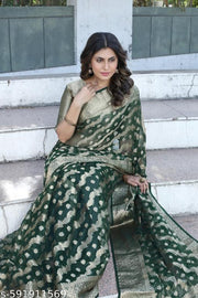 Organza Saree in Bottle Green with Zari Border