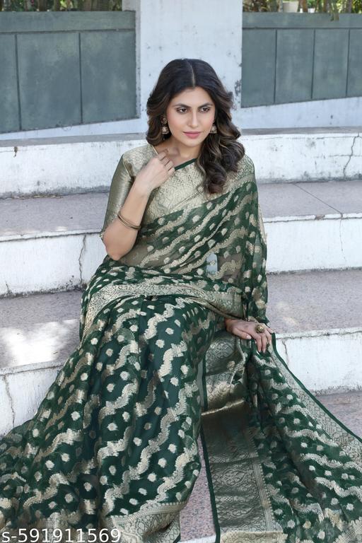 Organza Saree in Bottle Green with Zari Border