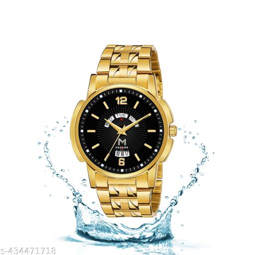 HTM Men have Golden Waterproof Day and Date Watch Black Dial Best For Gift