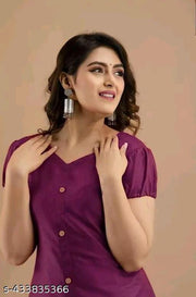 Women's&Girl's "Rayon"  Fashionble v-neck with puff sleeb  stylish kurti(purple)